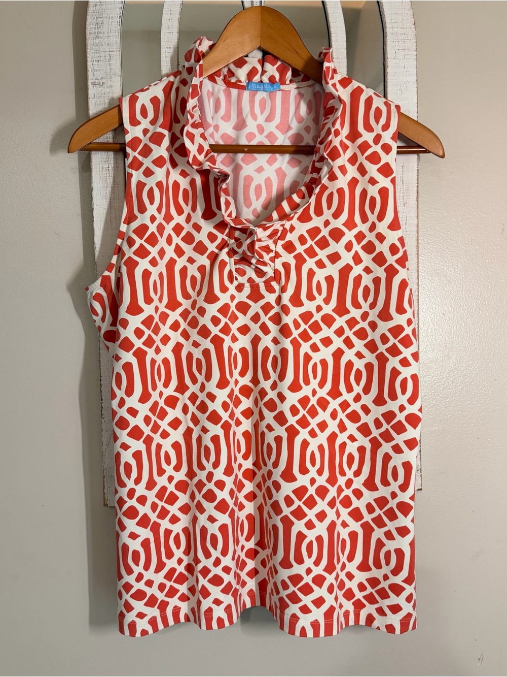 J.McLaughlin Orange & White Geometric Ruffle Mock Neck Sleeveless Top XL